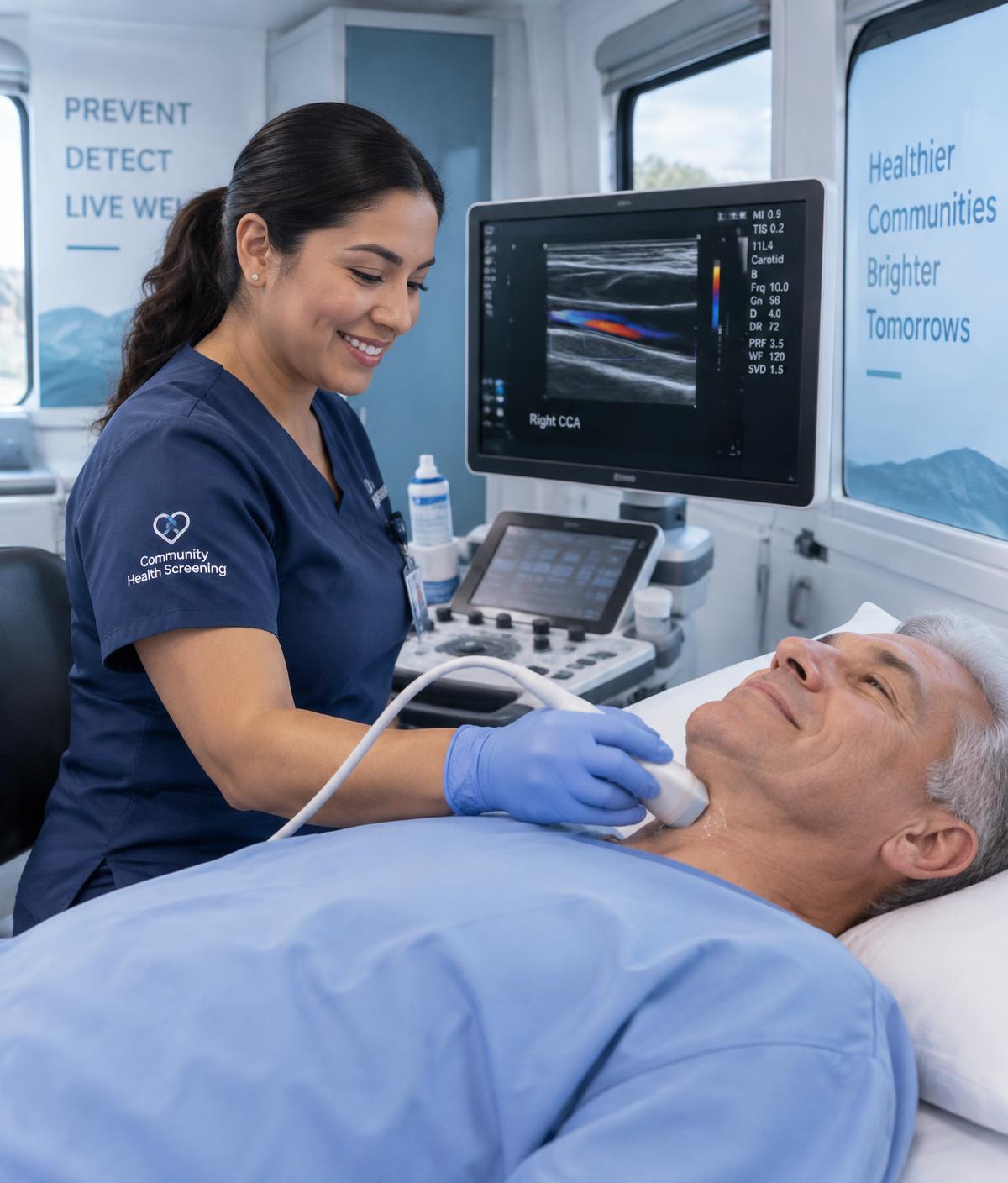 A Stroke Scan technician performs a carotid ultrasound on a smiling man